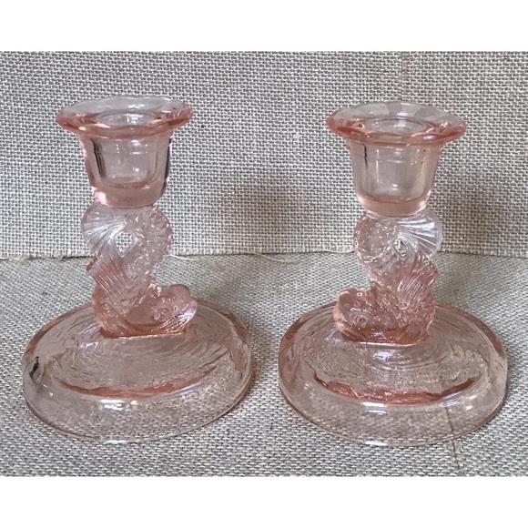 Vintage Rose Pink Tiffin Glass Koi Fish Taper Candle Holder Set Kitschy Novelty